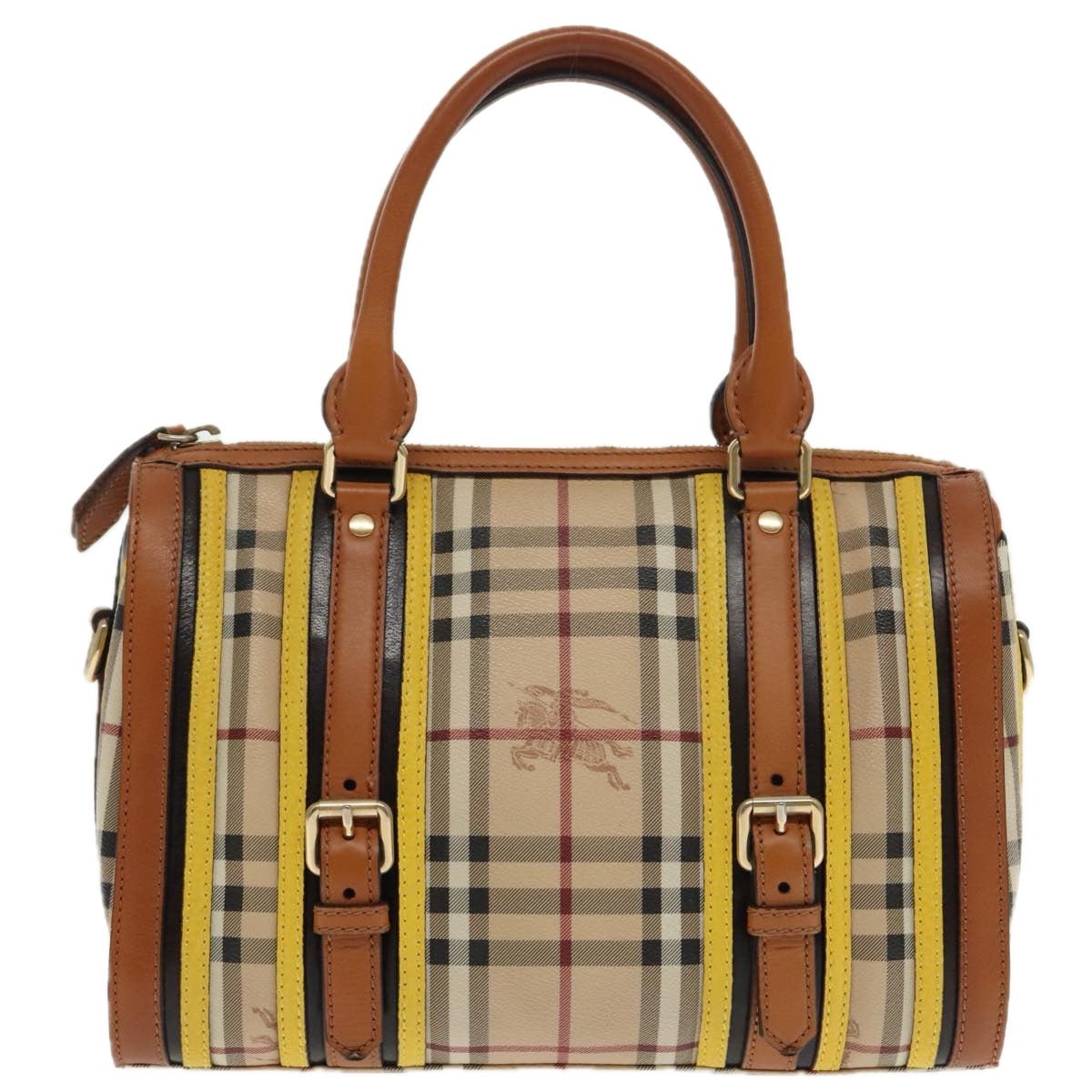 BURBERRY Nova Check Hand Bag PVC Beige Gold Auth 94418