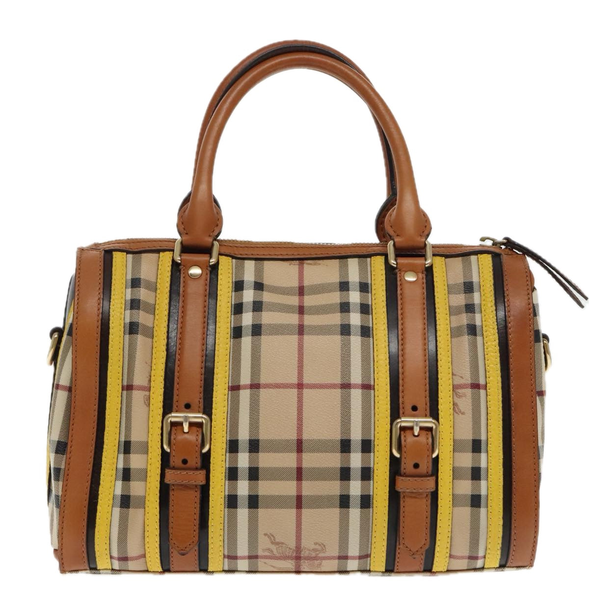 BURBERRY Nova Check Hand Bag PVC Beige Gold Auth 94418