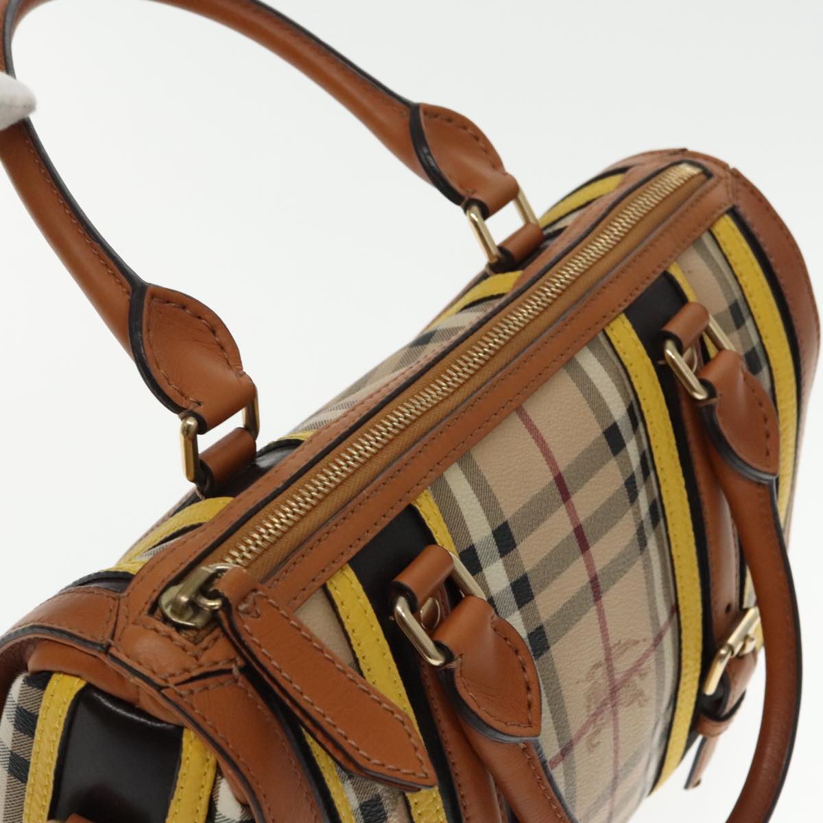 BURBERRY Nova Check Hand Bag PVC Beige Gold Auth 94418