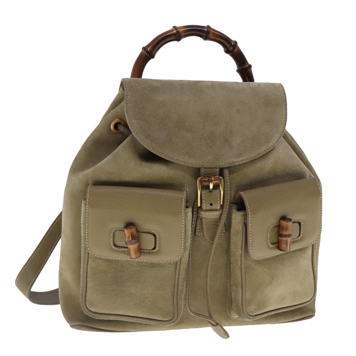 GUCCI Bamboo Backpack Suede Khaki Gold 003 2058 0016 Auth 94438