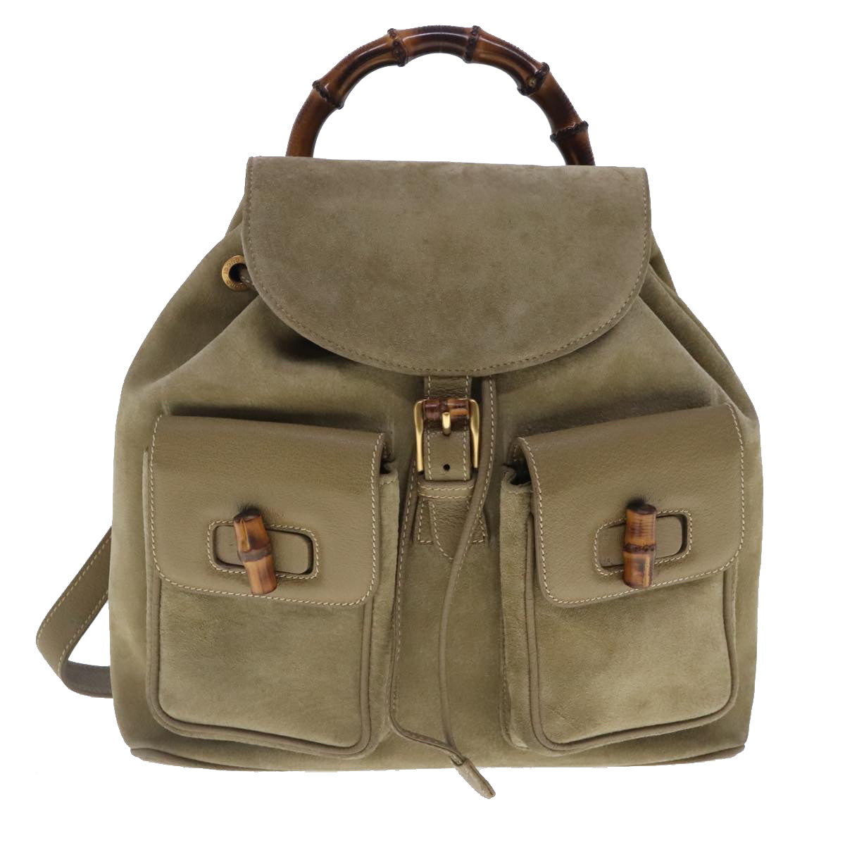 GUCCI Bamboo Backpack Suede Khaki Gold 003 2058 0016 Auth 94438