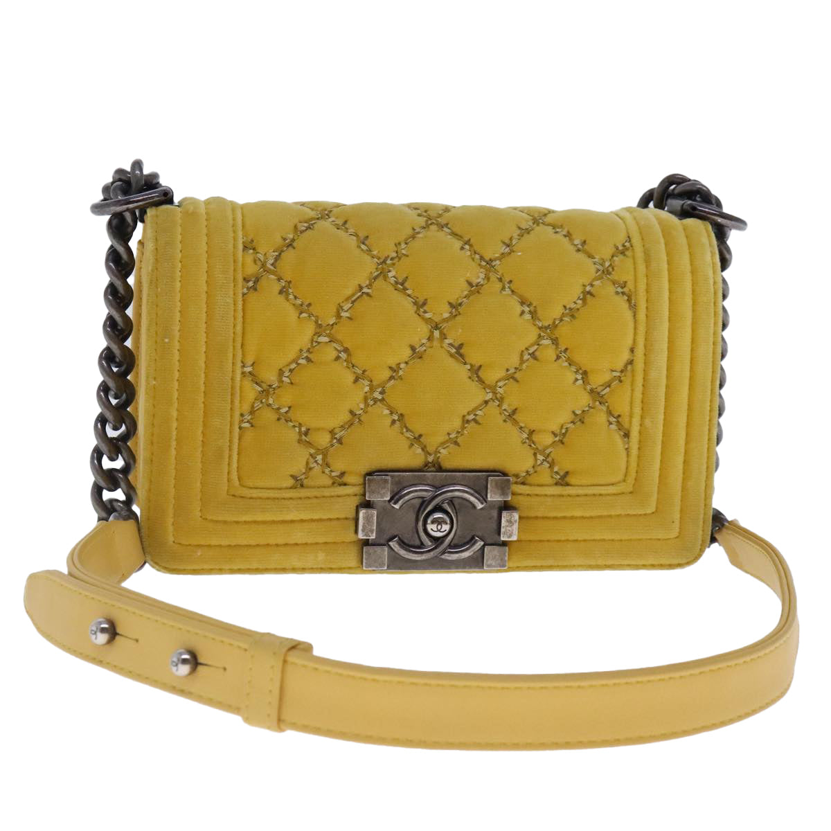 CHANEL Matelasse 20 Chain Boy Chanel Shoulder Bag Velor Yellow CC Auth 94468V