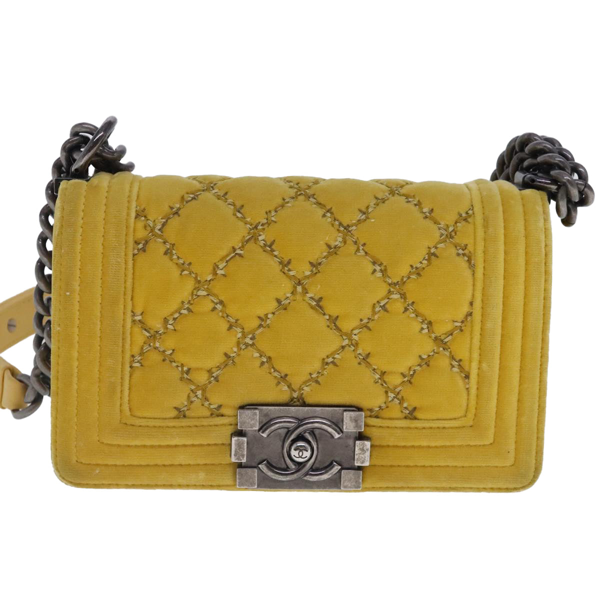 CHANEL Matelasse 20 Chain Boy Chanel Shoulder Bag Velor Yellow CC Auth 94468V