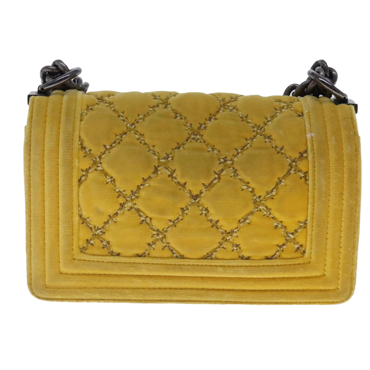 CHANEL Matelasse 20 Chain Boy Chanel Shoulder Bag Velor Yellow CC Auth 94468V