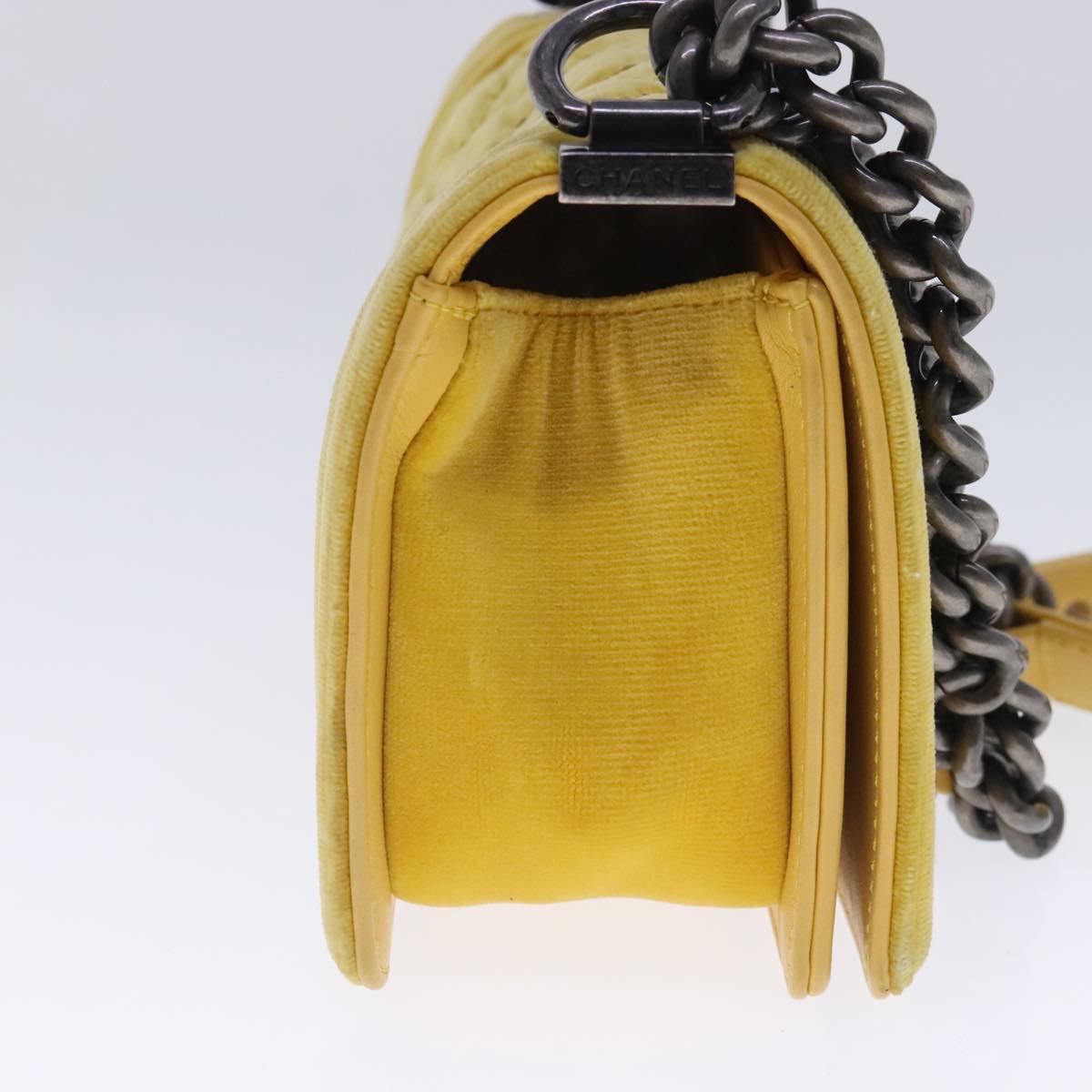 CHANEL Matelasse 20 Chain Boy Chanel Shoulder Bag Velor Yellow CC Auth 94468V