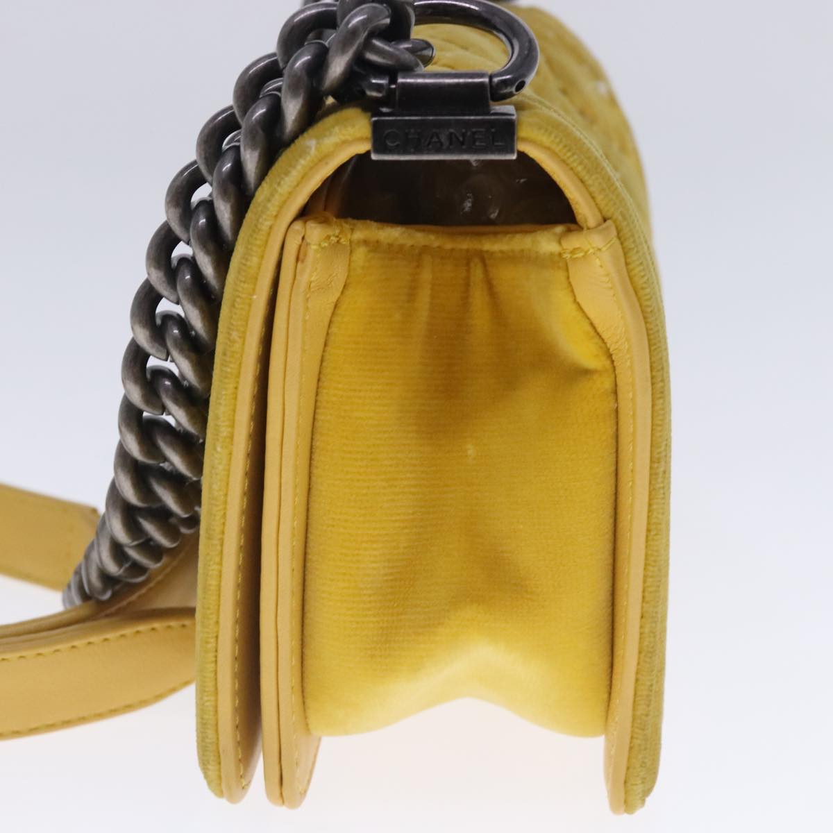 CHANEL Matelasse 20 Chain Boy Chanel Shoulder Bag Velor Yellow CC Auth 94468V