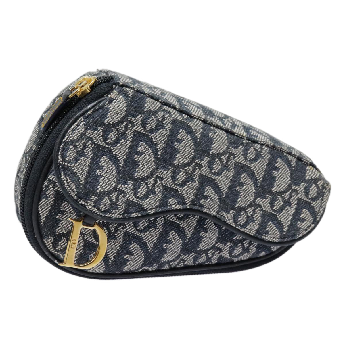 Christian Dior Trotter Canvas Saddle Pouch Navy Gold Auth 94543