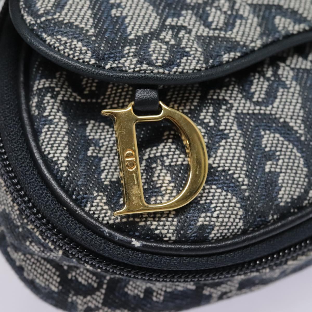 Christian Dior Trotter Canvas Saddle Pouch Navy Gold Auth 94543