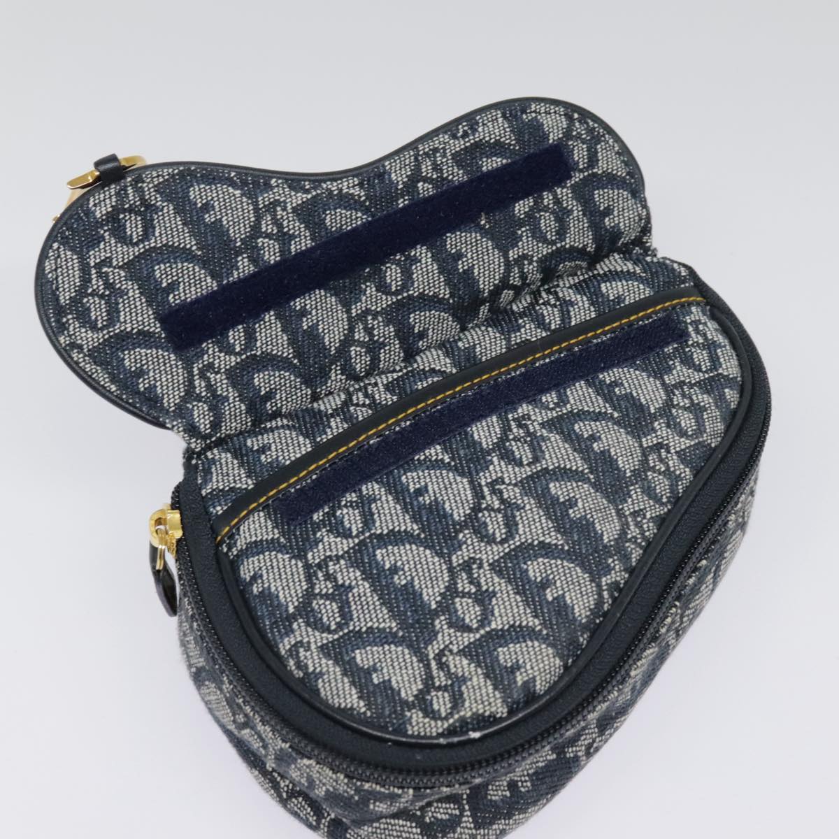 Christian Dior Trotter Canvas Saddle Pouch Navy Gold Auth 94543