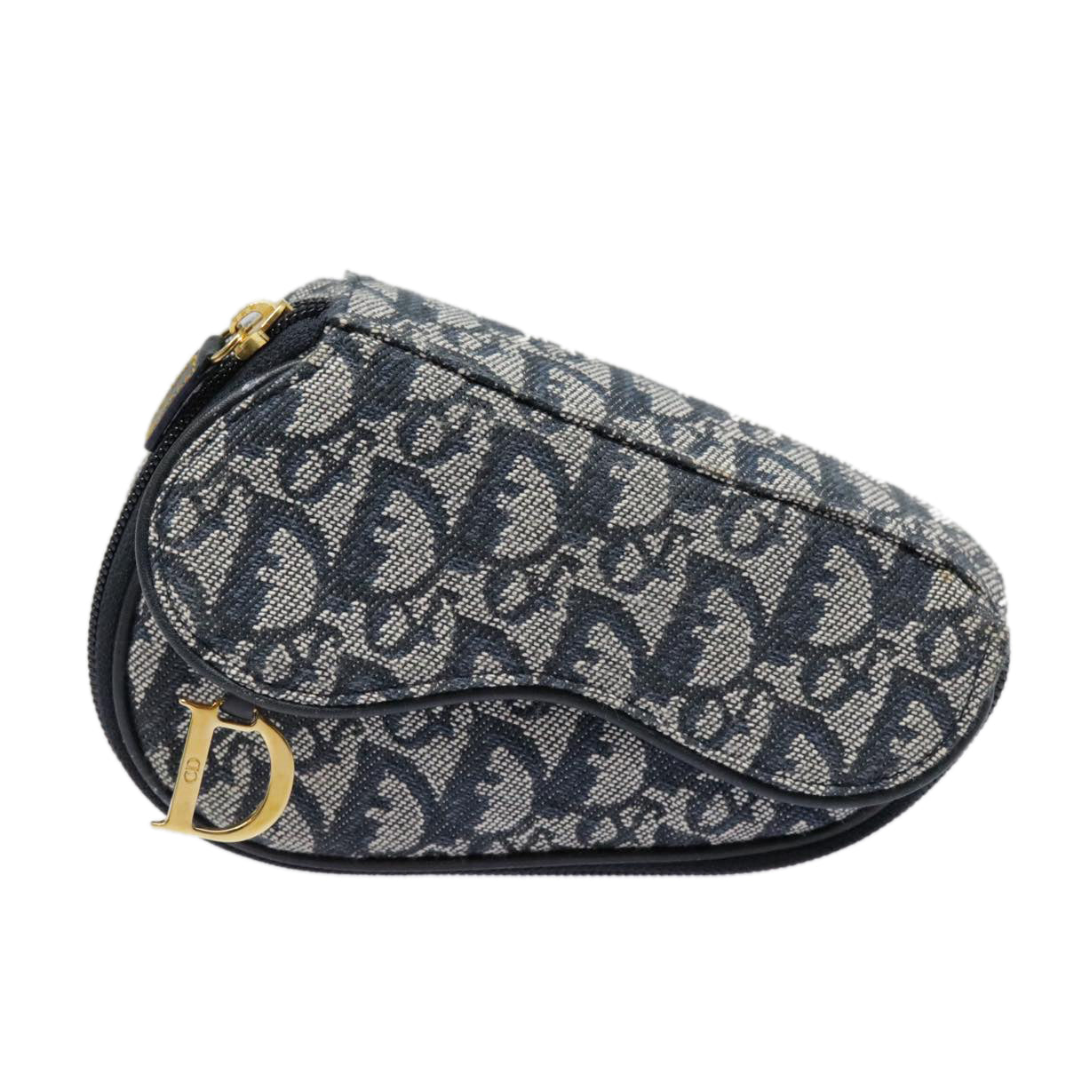 Christian Dior Trotter Canvas Saddle Pouch Navy Gold Auth 94543