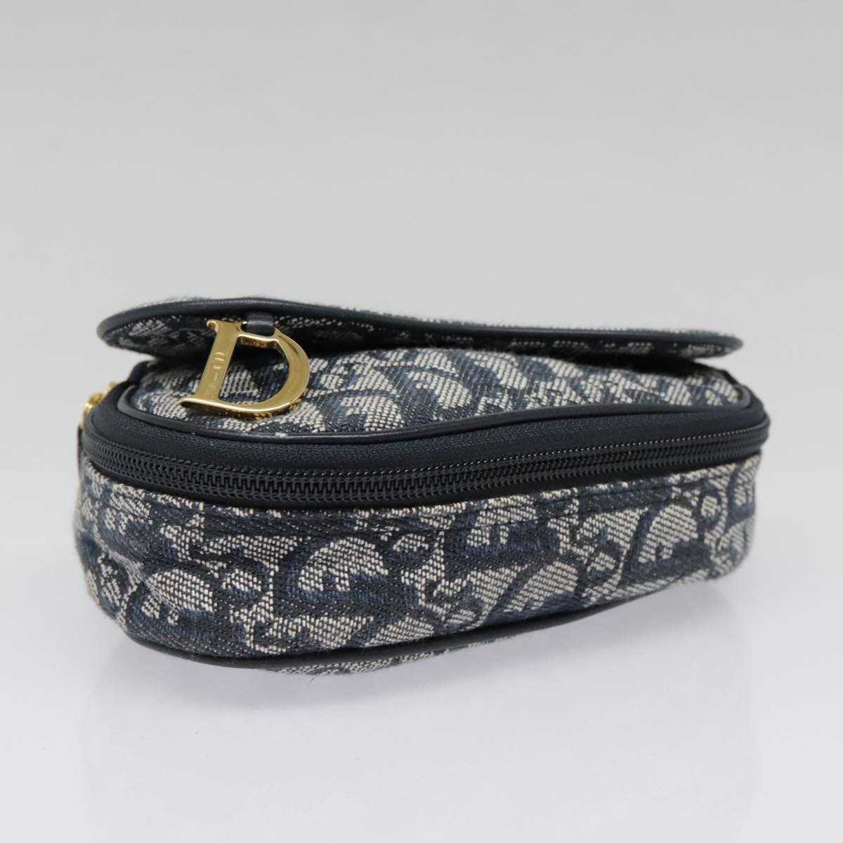 Christian Dior Trotter Canvas Saddle Pouch Navy Gold Auth 94543