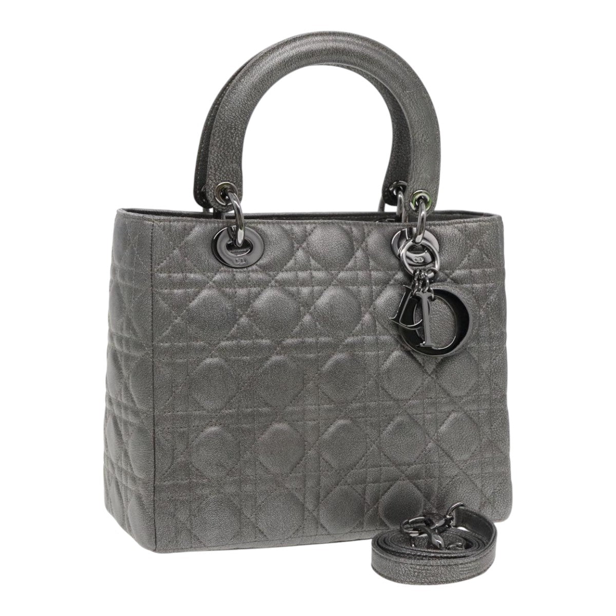 Christian Dior Lady Dior Canage Hand Bag Lamb Skin Silver tone Auth 94645S