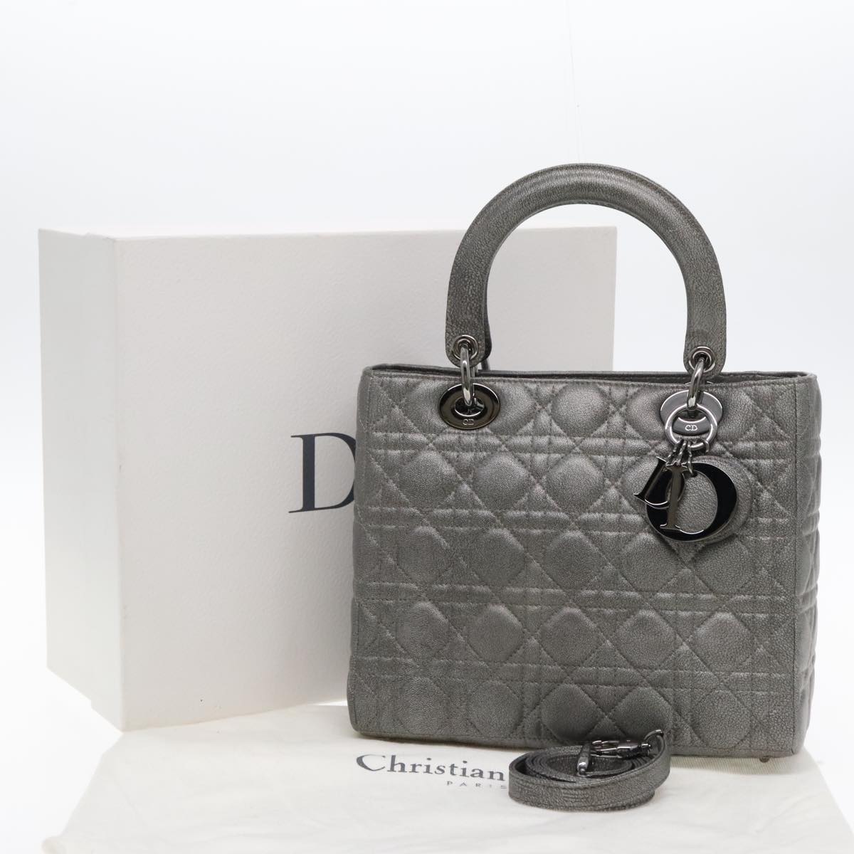 Christian Dior Lady Dior Canage Hand Bag Lamb Skin Silver tone Auth 94645S