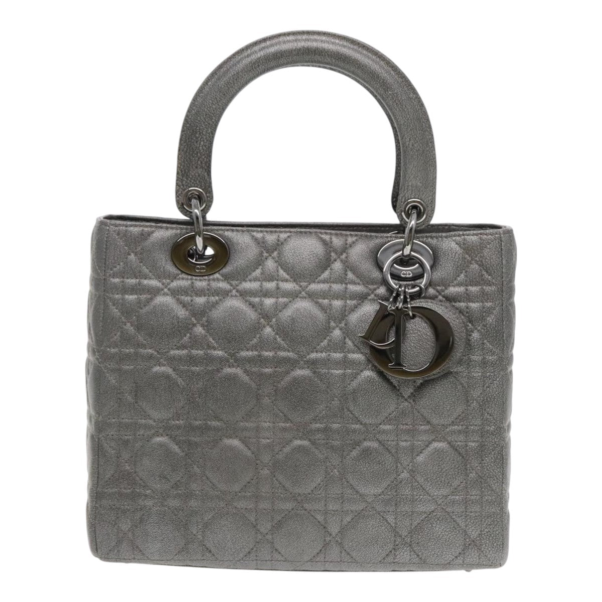 Christian Dior Lady Dior Canage Hand Bag Lamb Skin Silver tone Auth 94645S