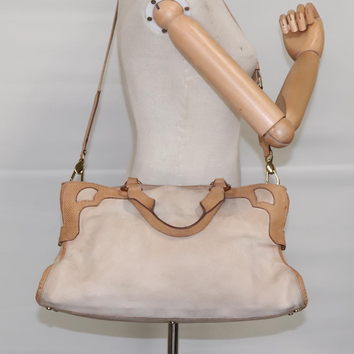 CARTIER Hand Bag Suede Leather 2way Beige Auth 94652