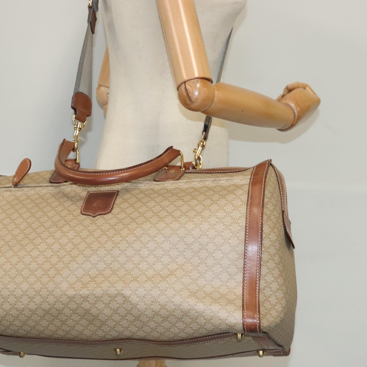 CELINE Macadam Canvas Boston Bag 2way Beige Brown Gold Auth 94675