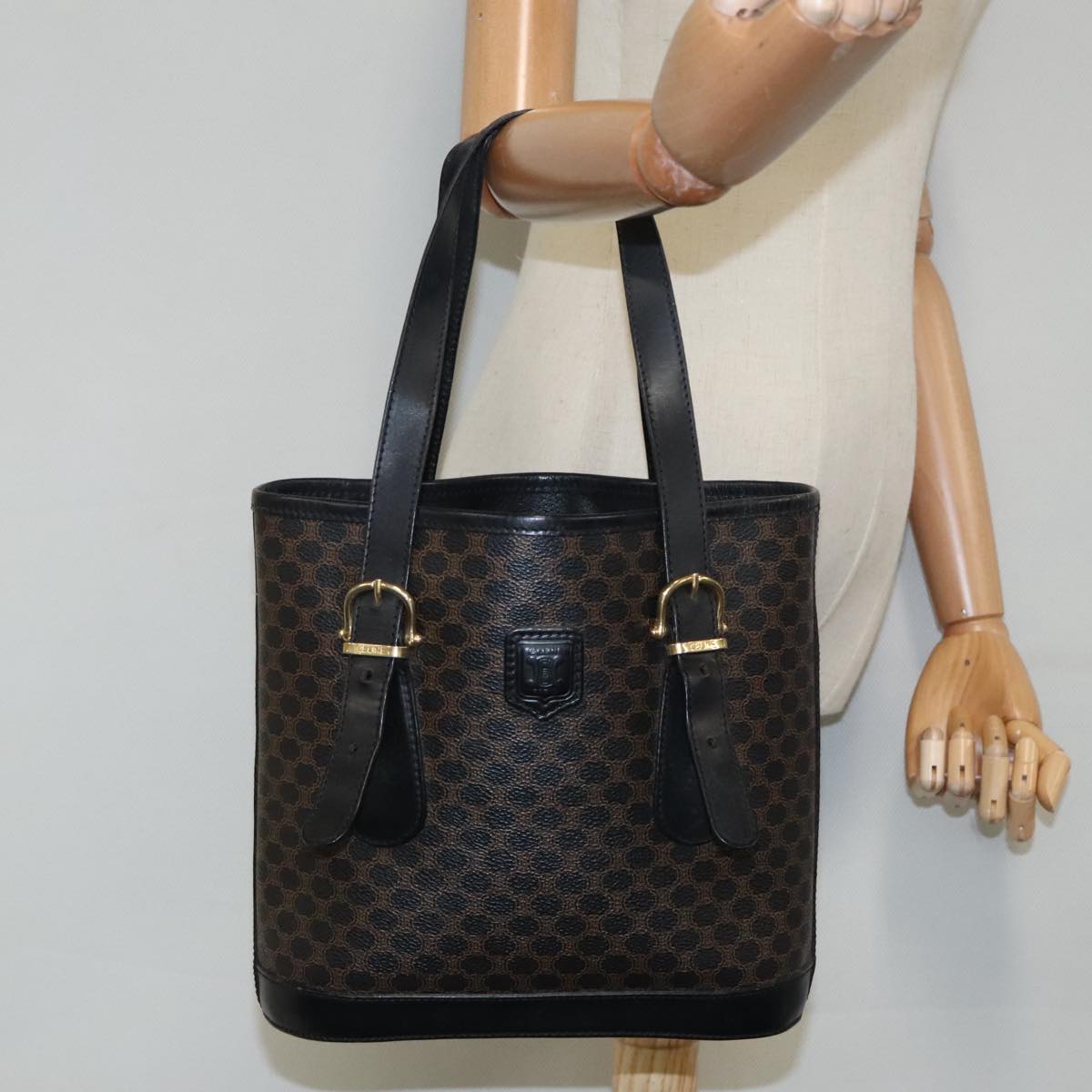 CELINE Macadam Canvas Tote Bag PVC Leather Black Gold Auth 94683