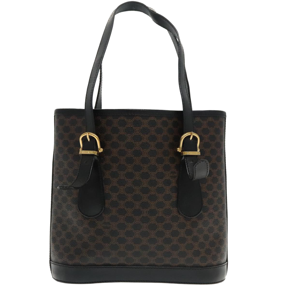 CELINE Macadam Canvas Tote Bag PVC Leather Black Gold Auth 94683