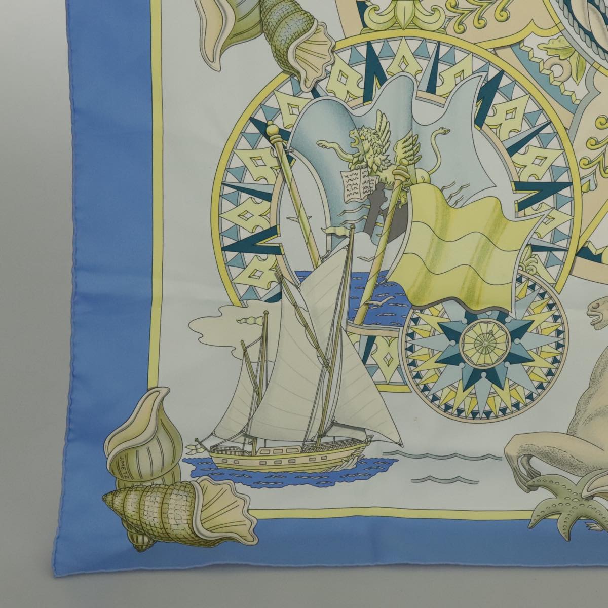 HERMES Carre 90 Scarf ""L'AIR MARIN""Silk Light Blue Auth 94729