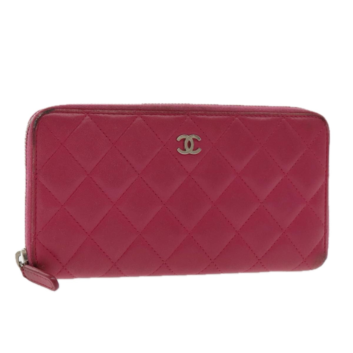 CHANEL Matelasse Long Wallet Lamb Skin Pink Silver CC Auth 94740