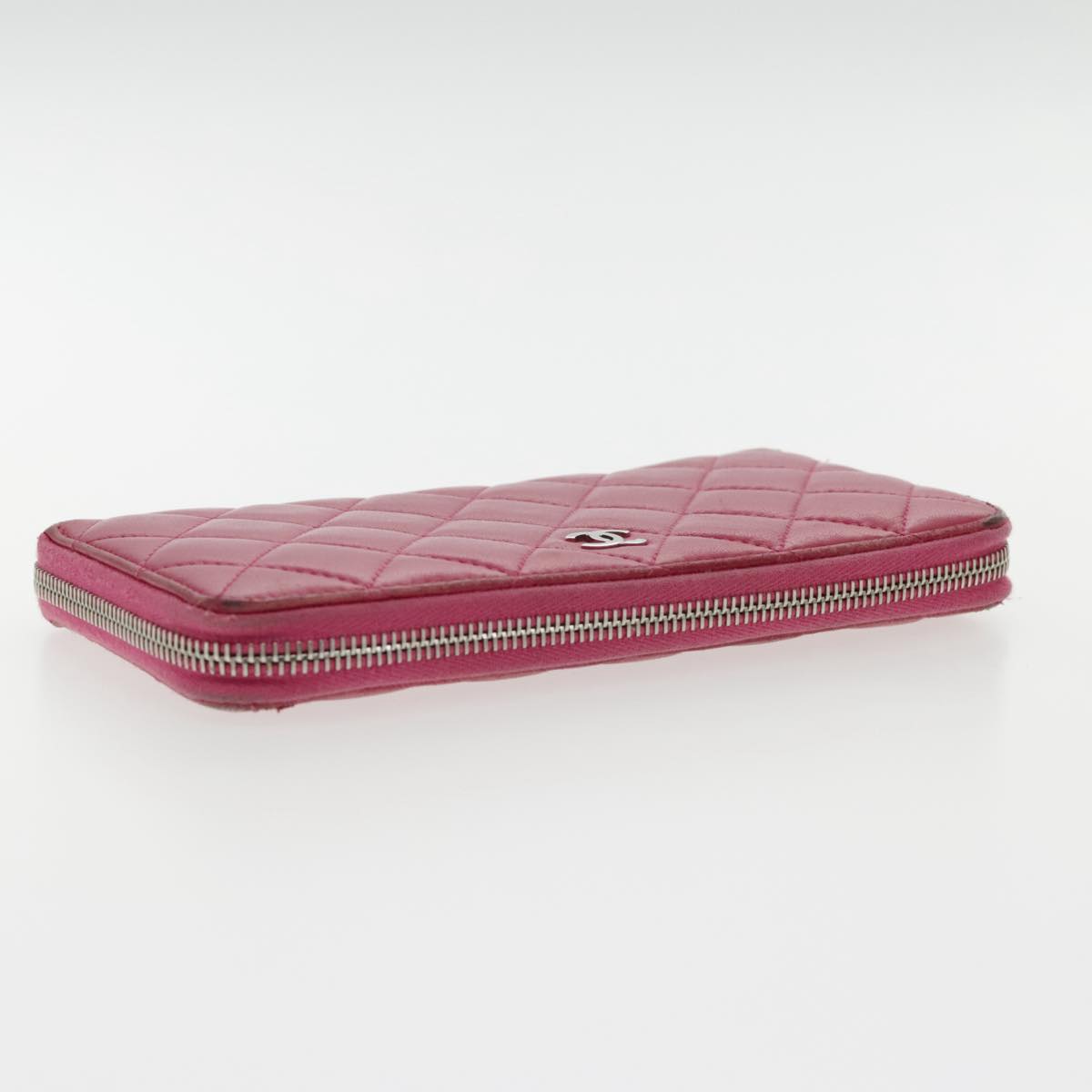 CHANEL Matelasse Long Wallet Lamb Skin Pink Silver CC Auth 94740