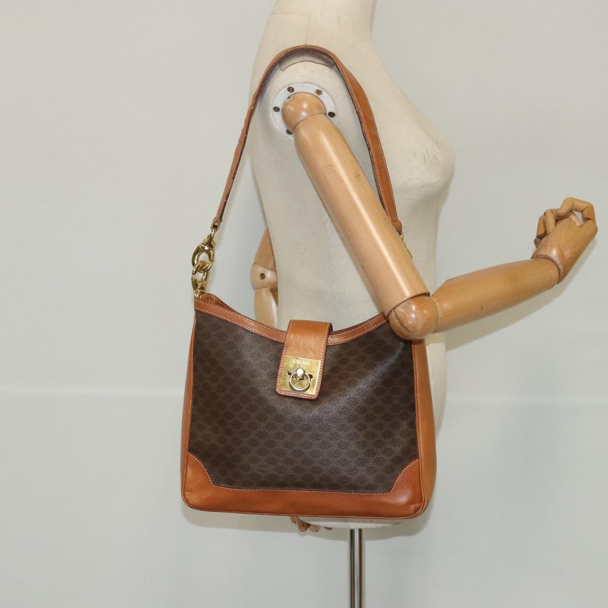 CELINE Macadam Canvas Shoulder Bag PVC Leather Brown Gold Auth 94752