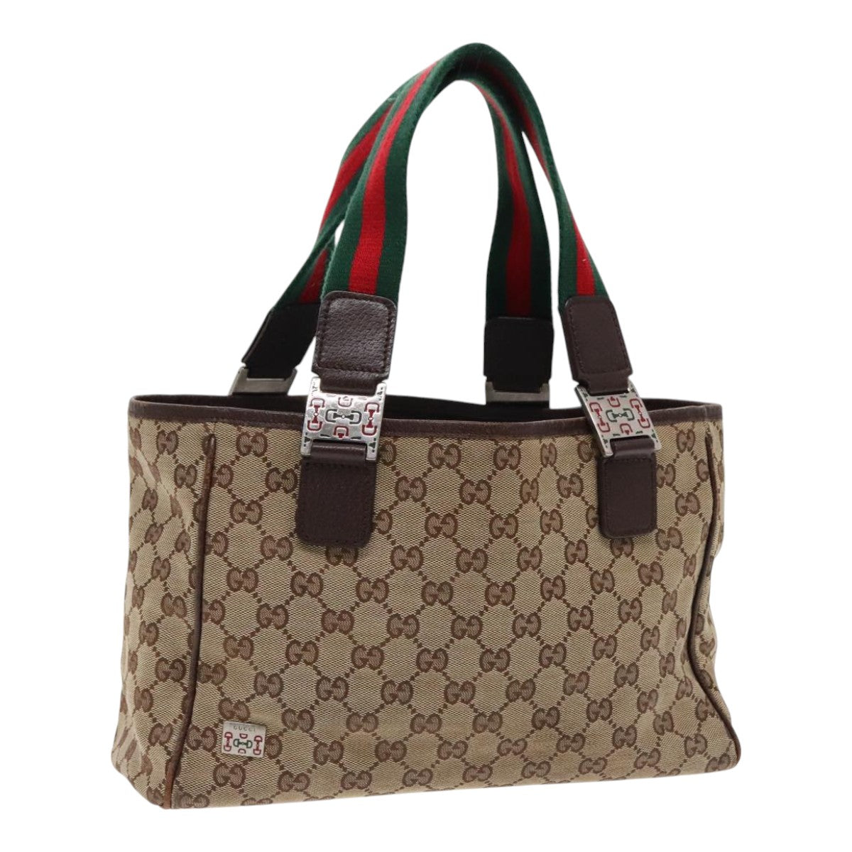 GUCCI Web Sherry Line GG Canvas Hand Bag Beige Silver Red 145810 Auth 94756