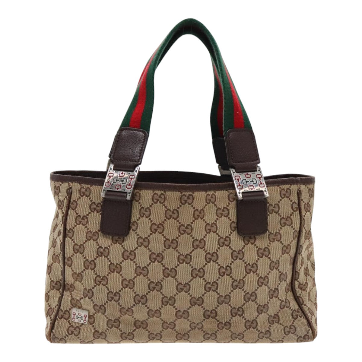 GUCCI Web Sherry Line GG Canvas Hand Bag Beige Silver Red 145810 Auth 94756