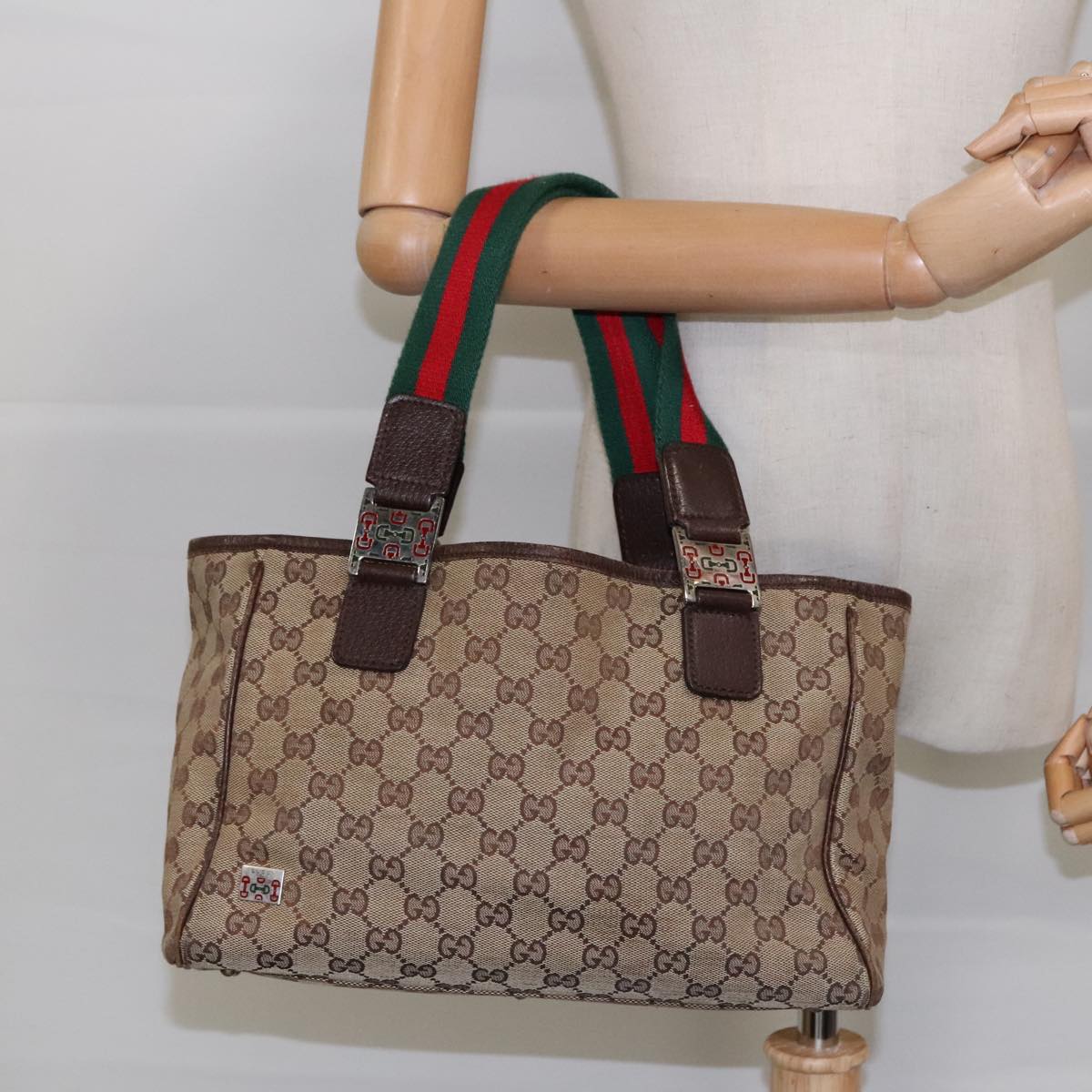 GUCCI Web Sherry Line GG Canvas Hand Bag Beige Silver Red 145810 Auth 94756