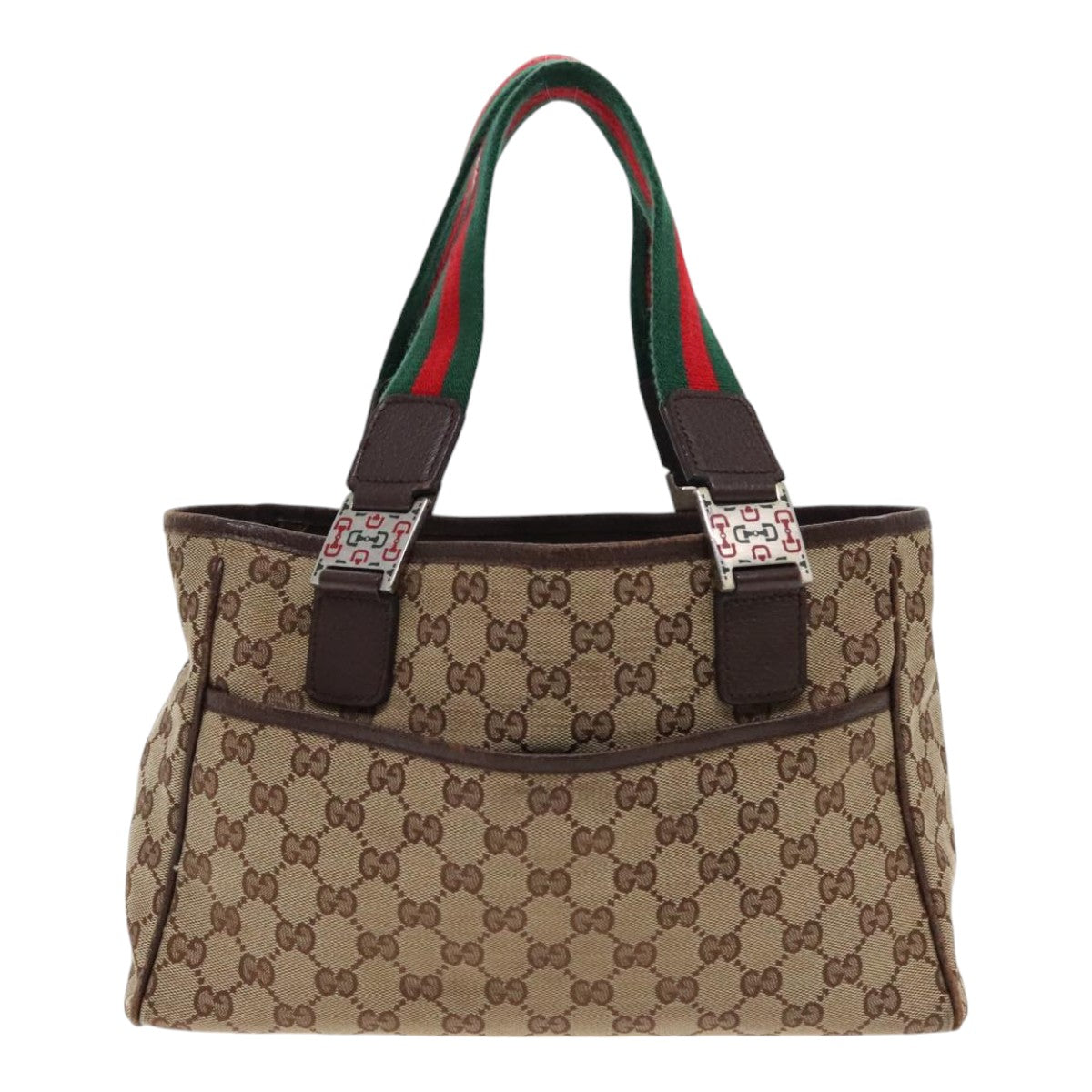 GUCCI Web Sherry Line GG Canvas Hand Bag Beige Silver Red 145810 Auth 94756