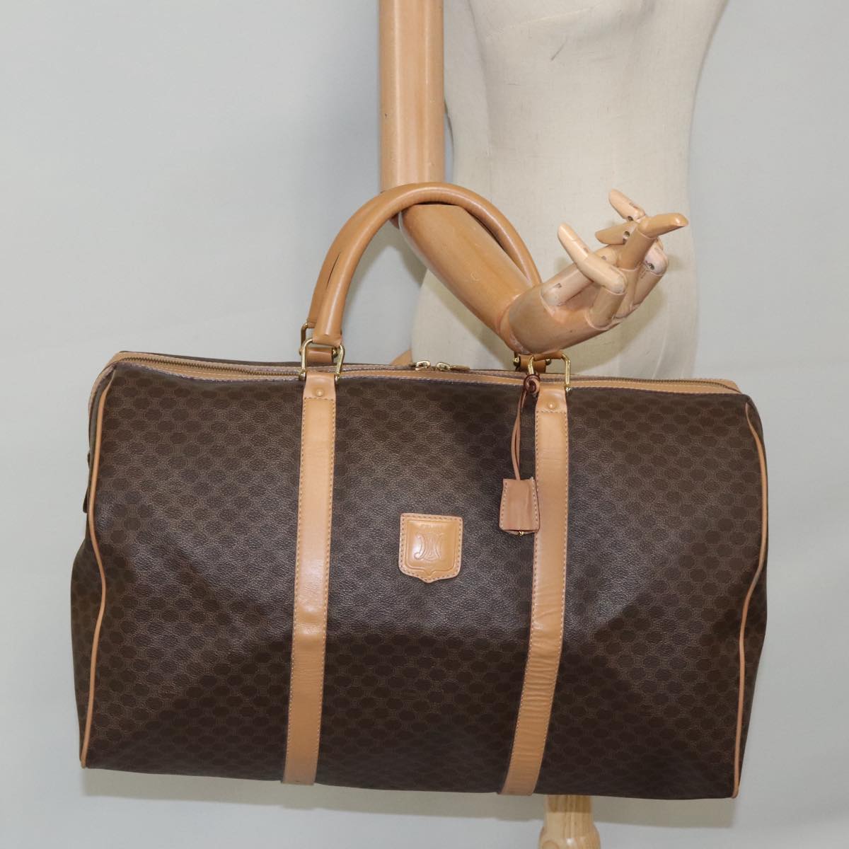 CELINE Macadam Canvas Boston Bag PVC Leather Brown Gold Auth 94790