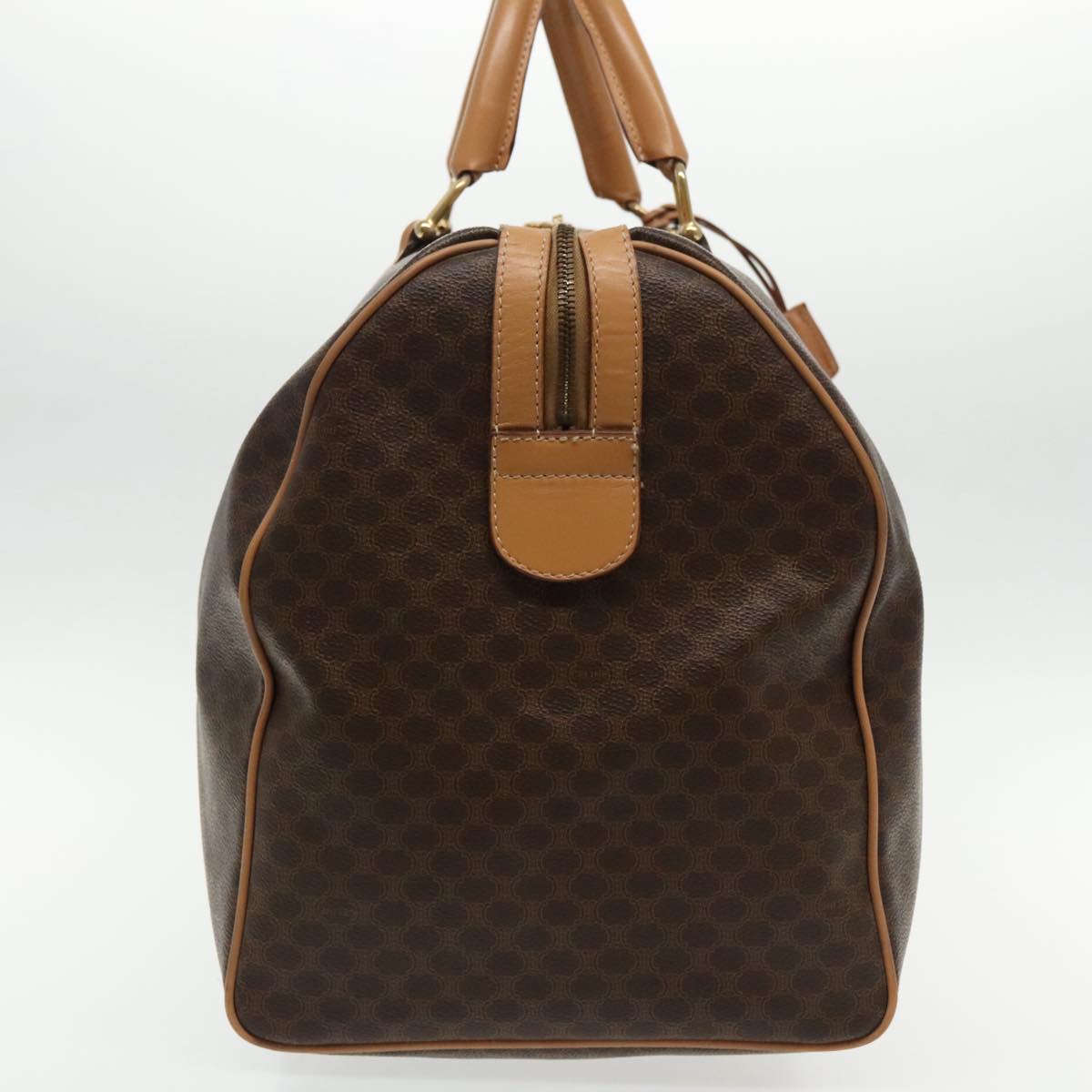 CELINE Macadam Canvas Boston Bag PVC Leather Brown Gold Auth 94790