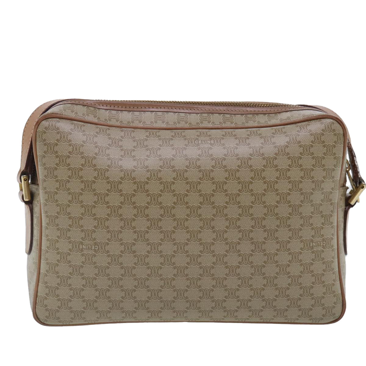 CELINE Macadam Canvas Shoulder Bag Beige Gold Auth 94801