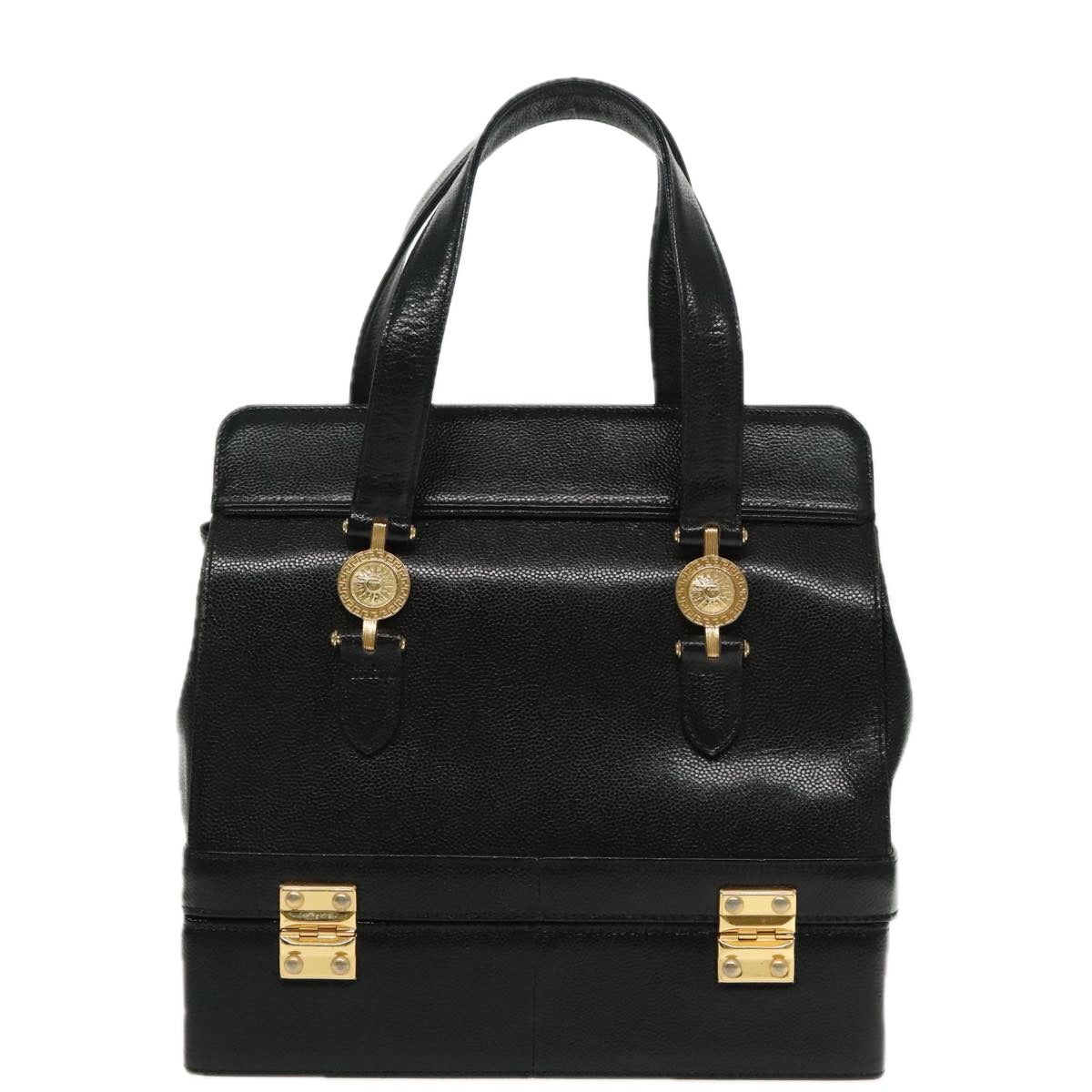 VERSACE Hand Bag Leather Black Gold Auth 94809