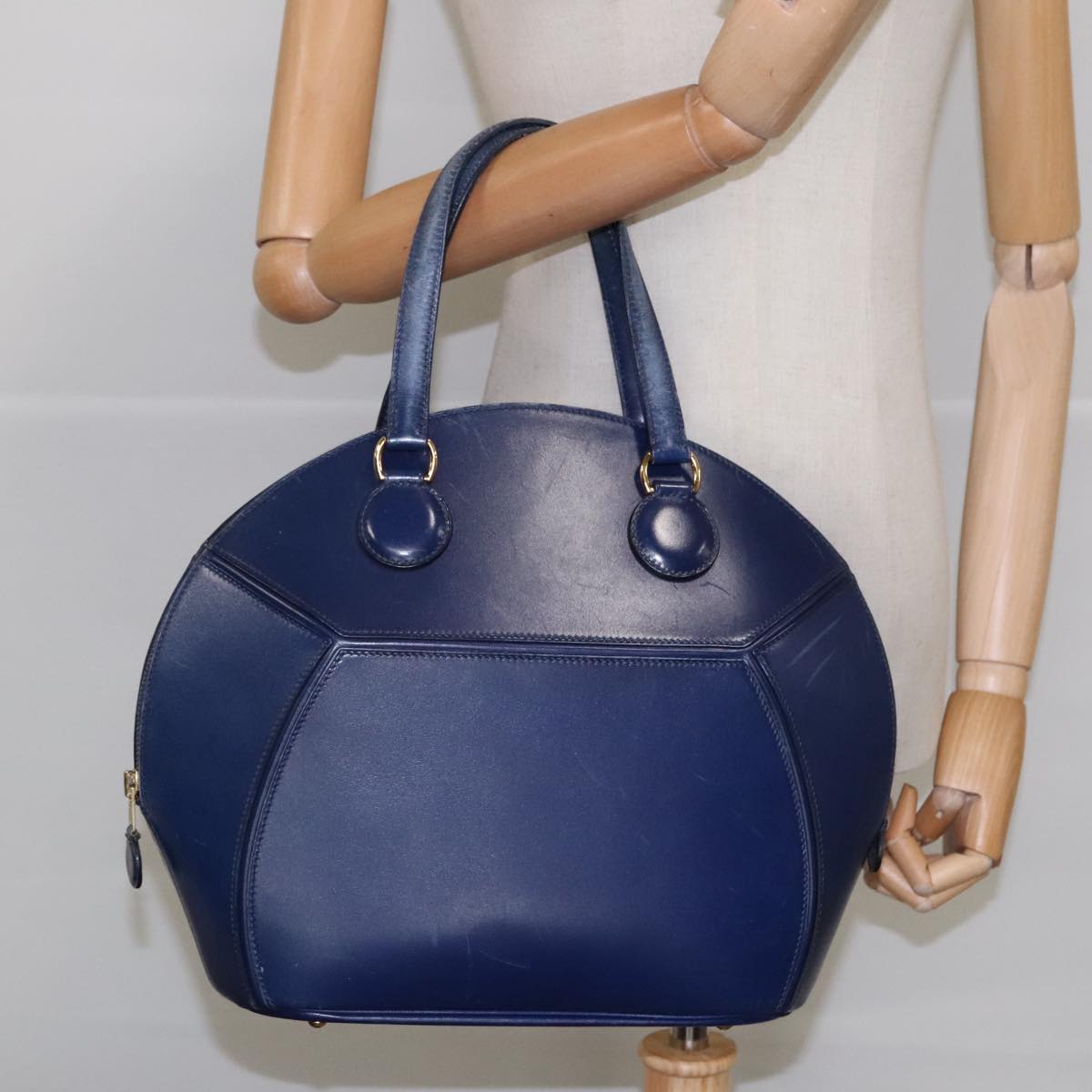 HERMES Ildo Shiki Hand Bag Leather Blue Gold Auth 94816A