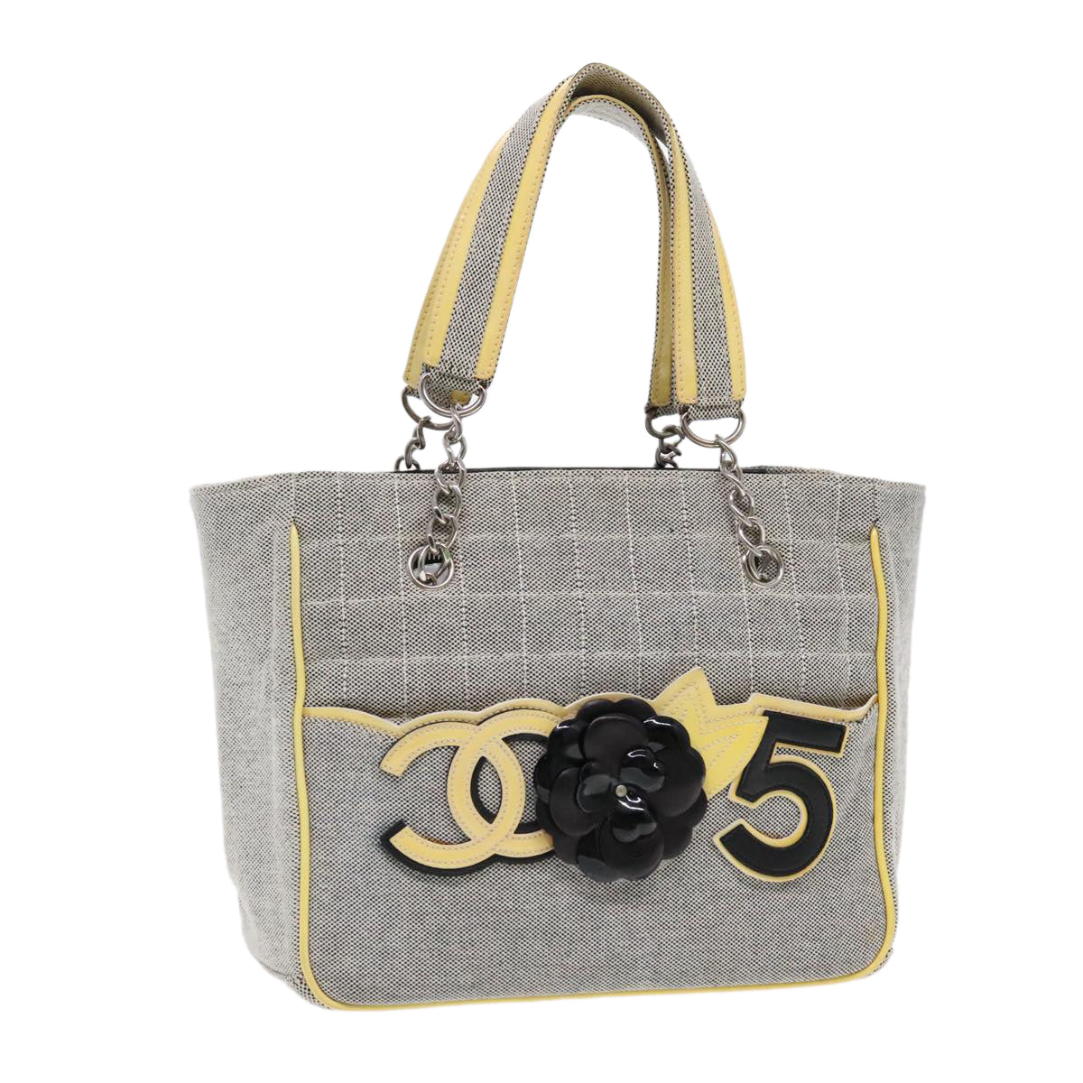 CHANEL Camelia Hand Bag No5 Canvas Gray Silver CC Auth 94827A