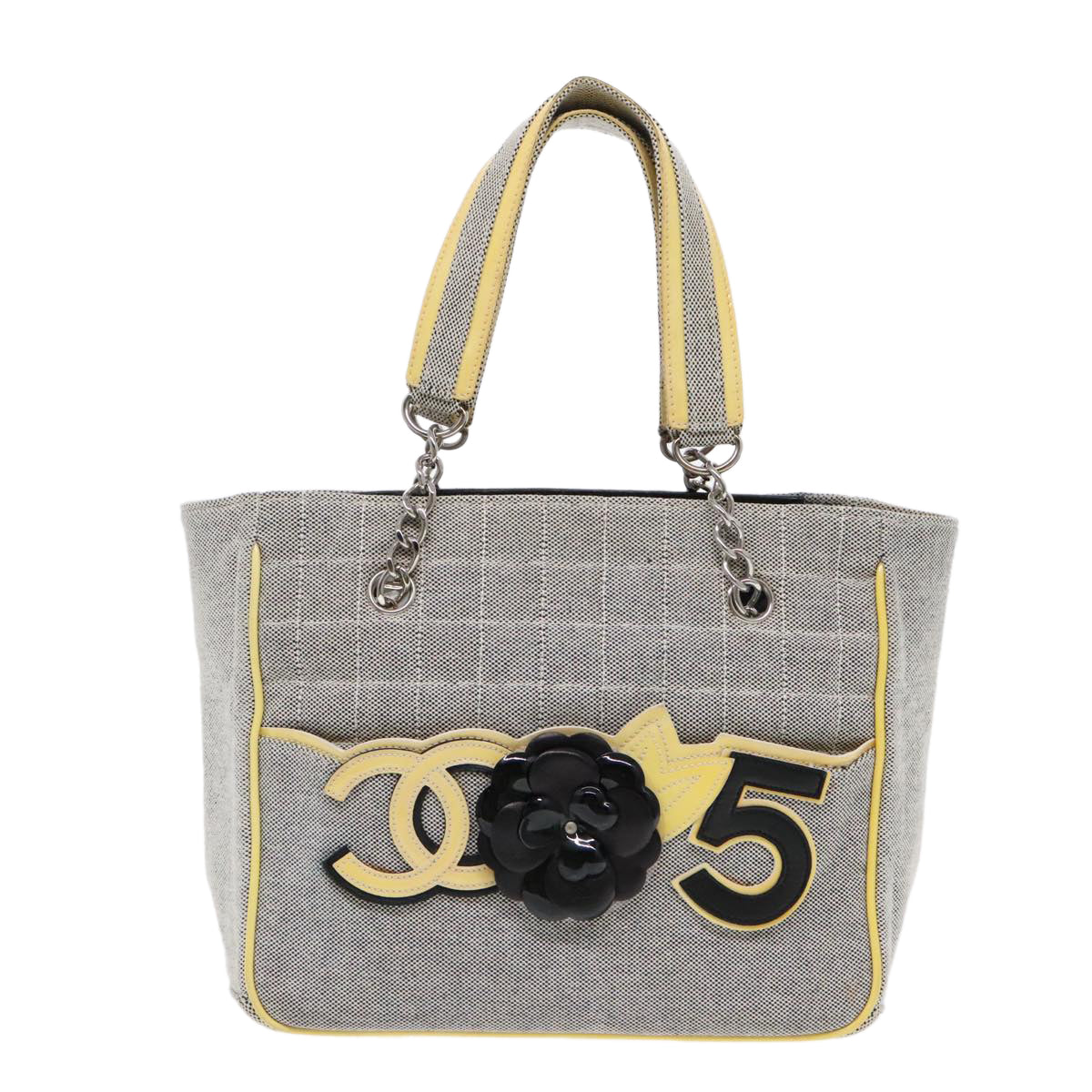 CHANEL Camelia Hand Bag No5 Canvas Gray Silver CC Auth 94827A