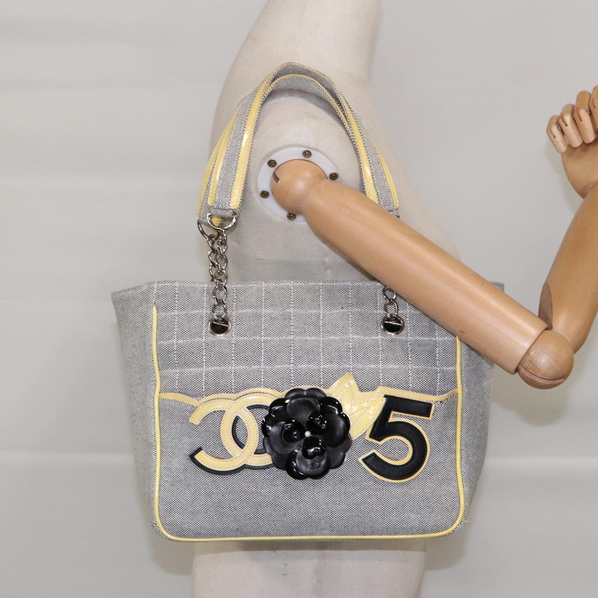 CHANEL Camelia Hand Bag No5 Canvas Gray Silver CC Auth 94827A