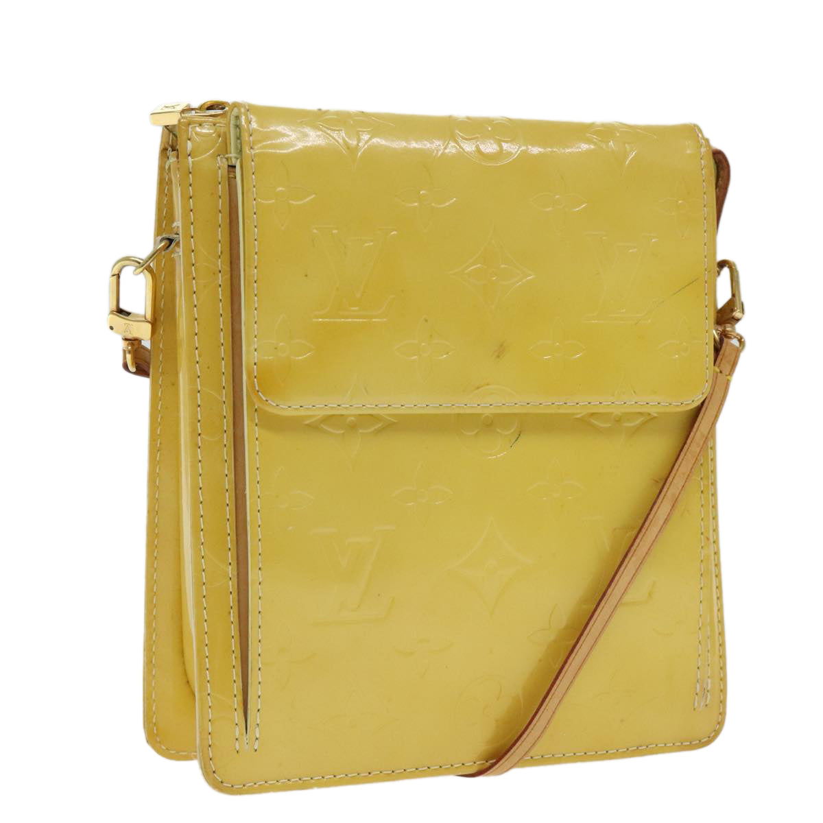 LOUIS VUITTON Monogram Vernis Motto Pouch Lime Yellow M91059 LV Auth 94843