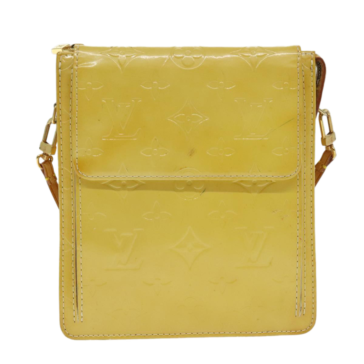 LOUIS VUITTON Monogram Vernis Motto Pouch Lime Yellow M91059 LV Auth 94843