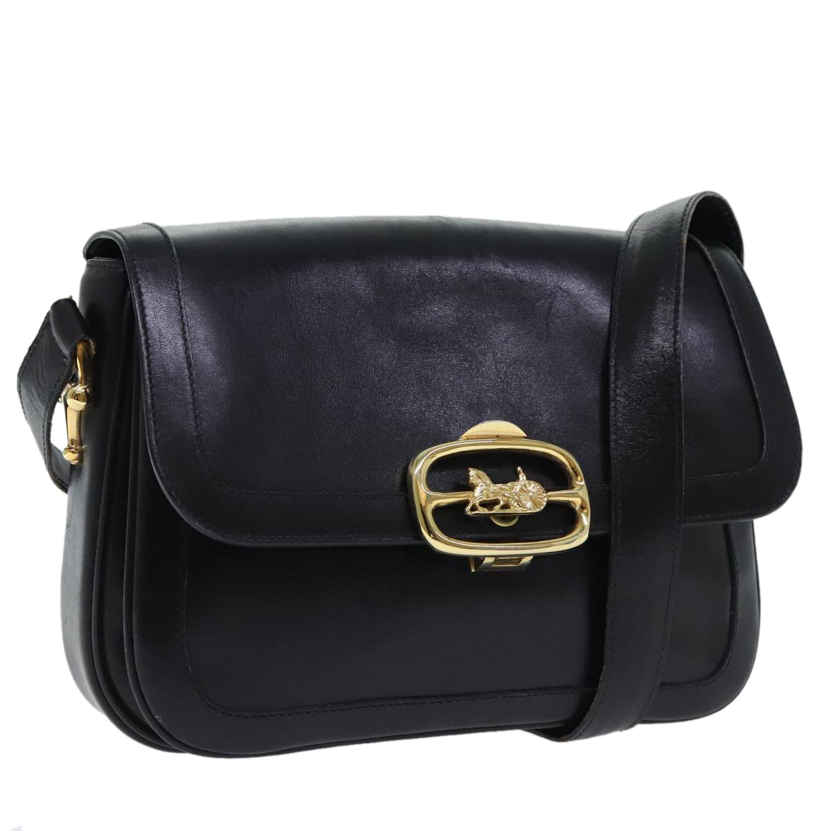 CELINE Horse Carriage Shoulder Bag Leather Black Gold Auth 94846