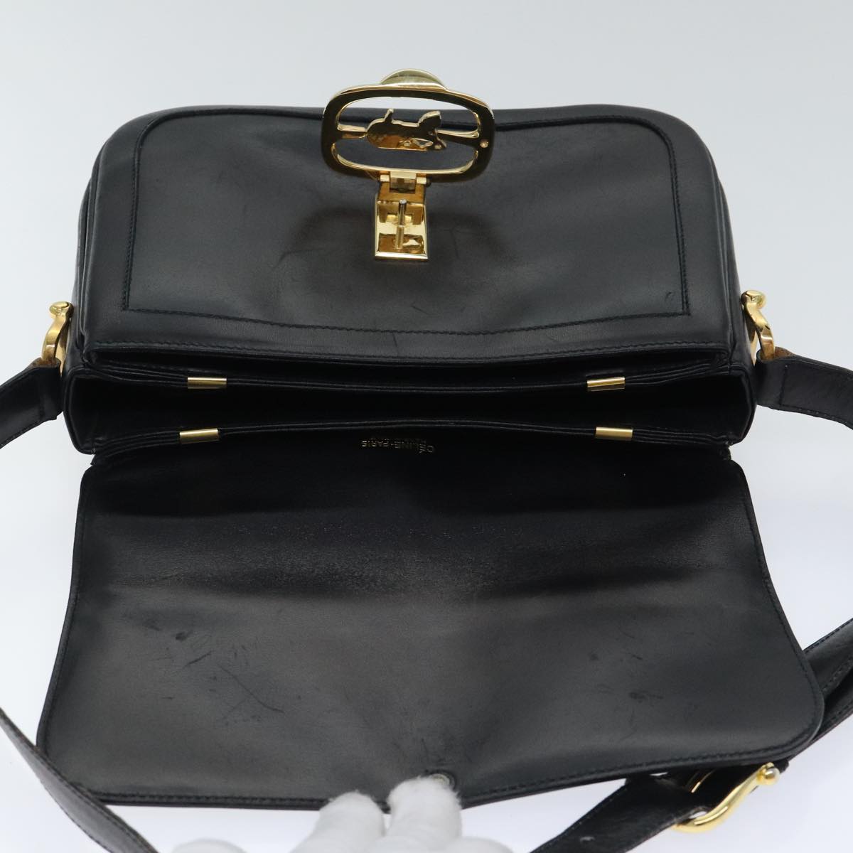 CELINE Horse Carriage Shoulder Bag Leather Black Gold Auth 94846