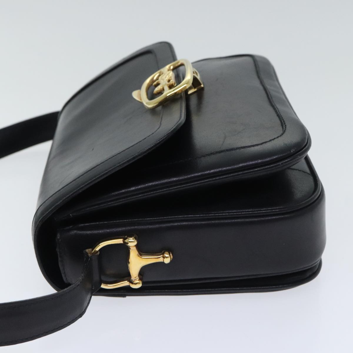 CELINE Horse Carriage Shoulder Bag Leather Black Gold Auth 94846