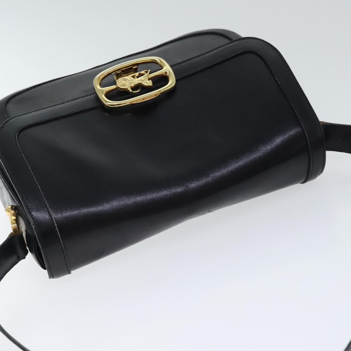 CELINE Horse Carriage Shoulder Bag Leather Black Gold Auth 94846