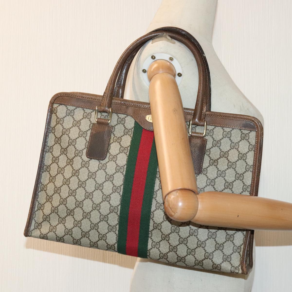 GUCCI GG Canvas Web Sherry Line Hand Bag PVC Leather Beige Red Green Auth 94850