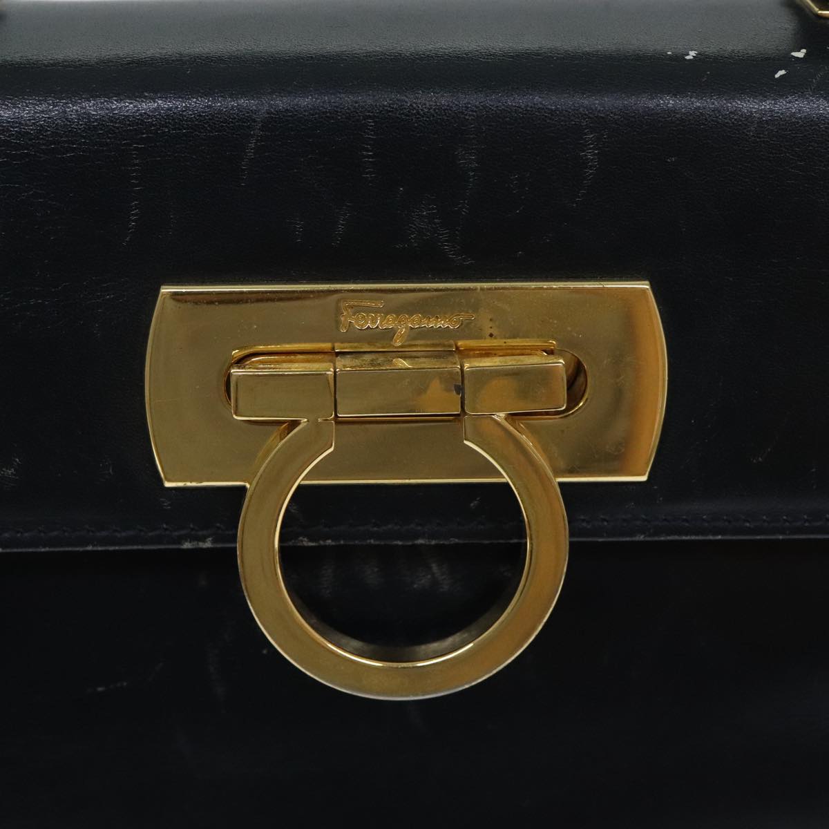 Salvatore Ferragamo Gancini Hand Bag Leather 2way Navy Gold Auth 94973