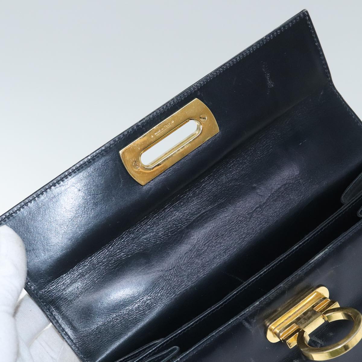 Salvatore Ferragamo Gancini Hand Bag Leather 2way Navy Gold Auth 94973