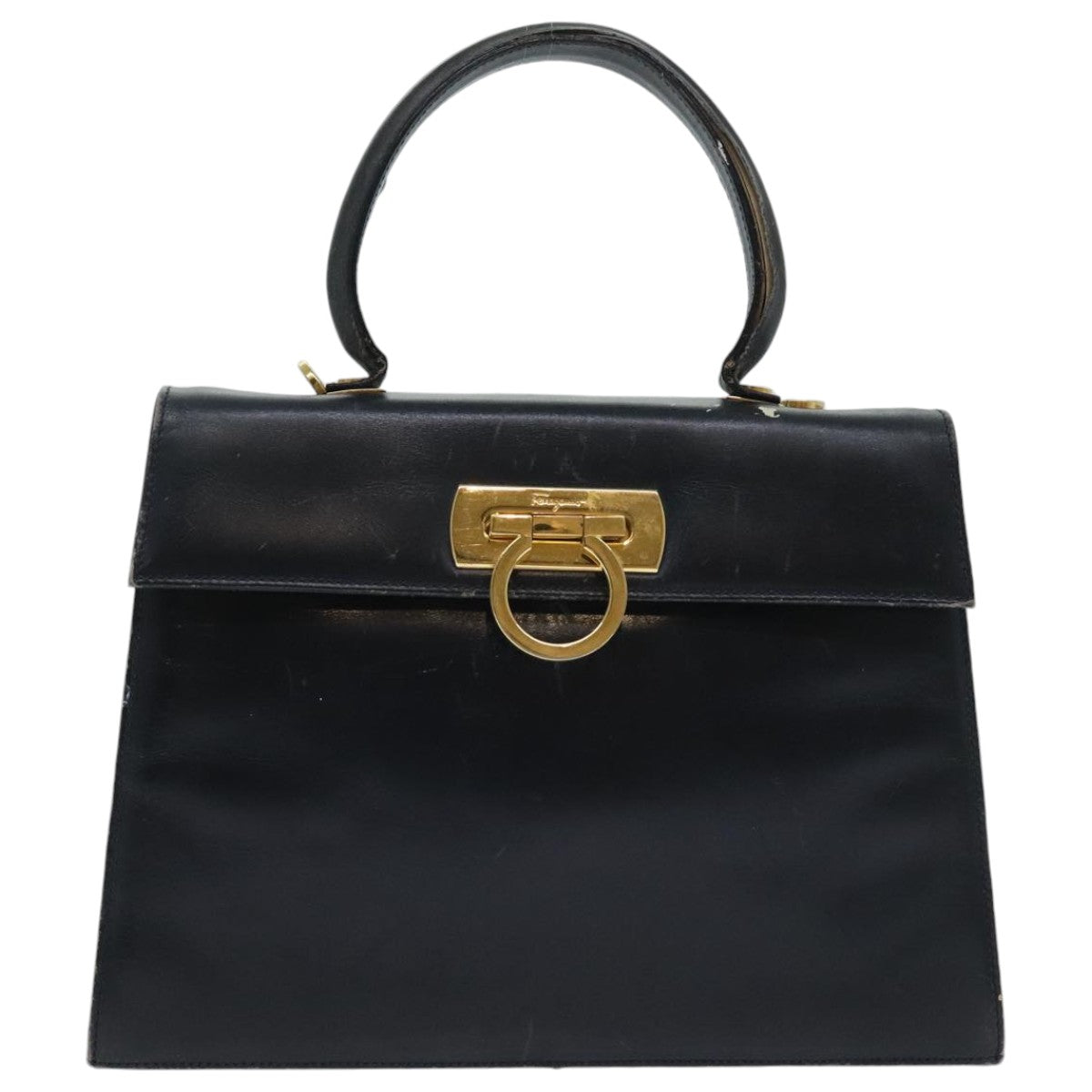 Salvatore Ferragamo Gancini Hand Bag Leather 2way Navy Gold Auth 94973