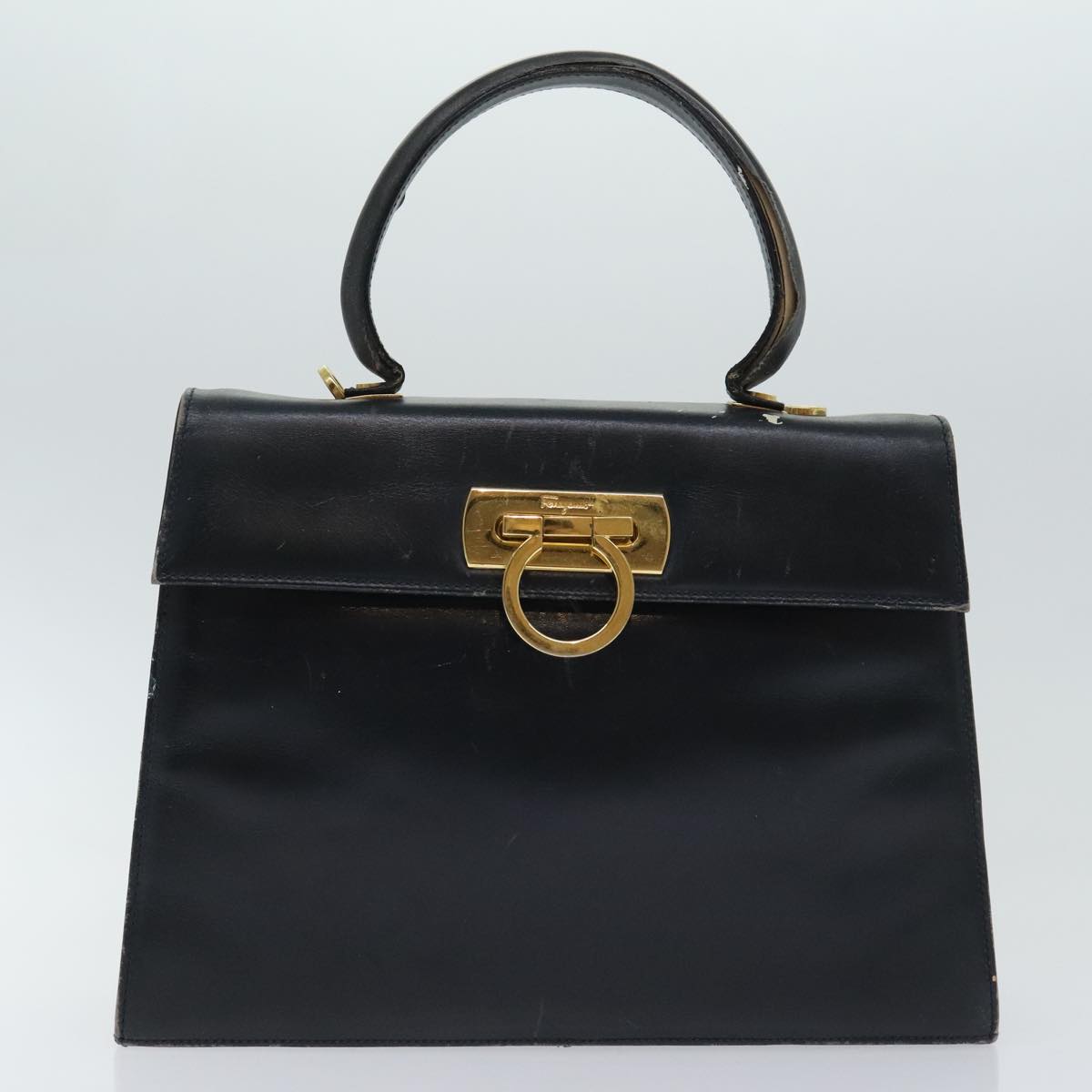 Salvatore Ferragamo Gancini Hand Bag Leather 2way Navy Gold Auth 94973