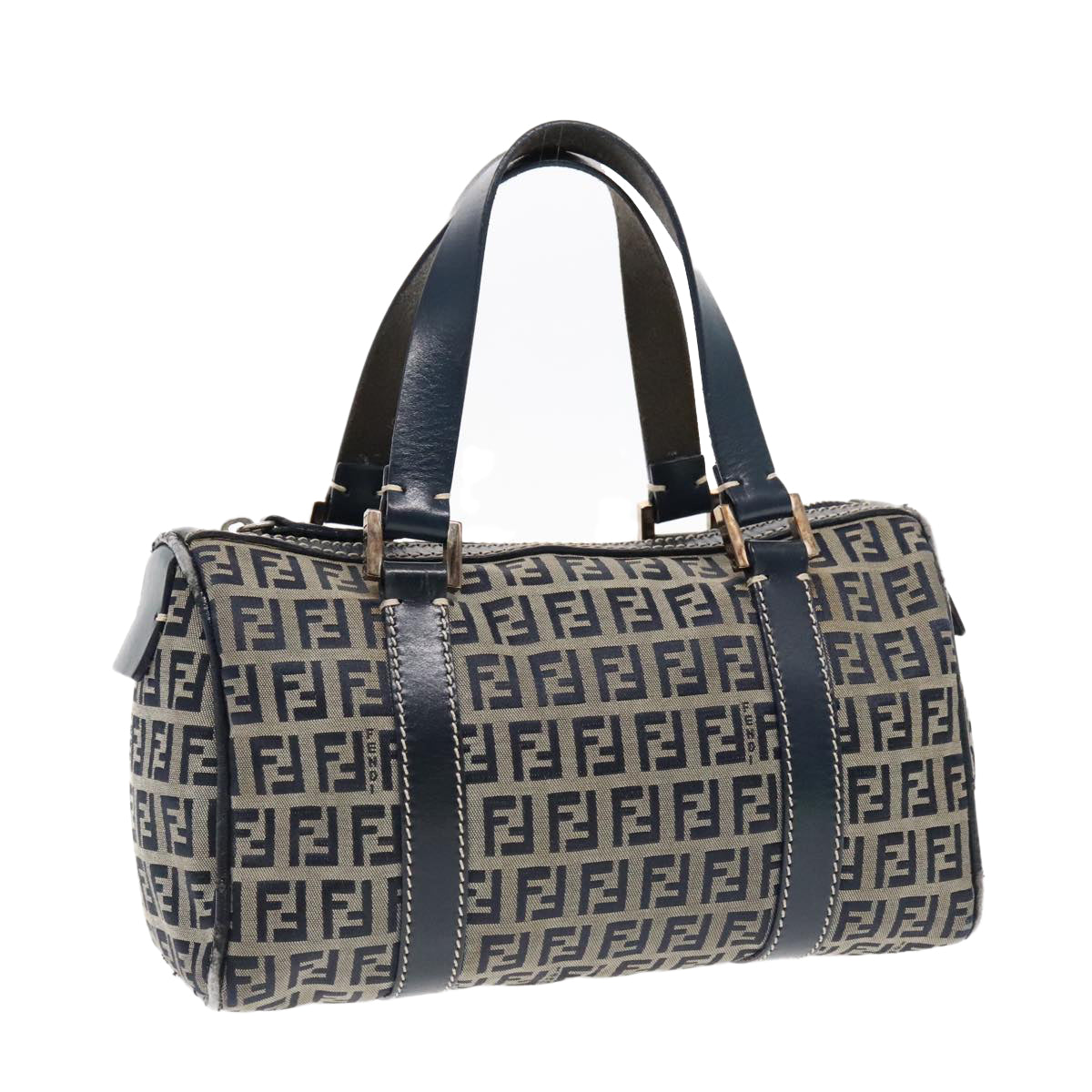 FENDI Zucchino Canvas Hand Bag Navy Silver Auth 94977